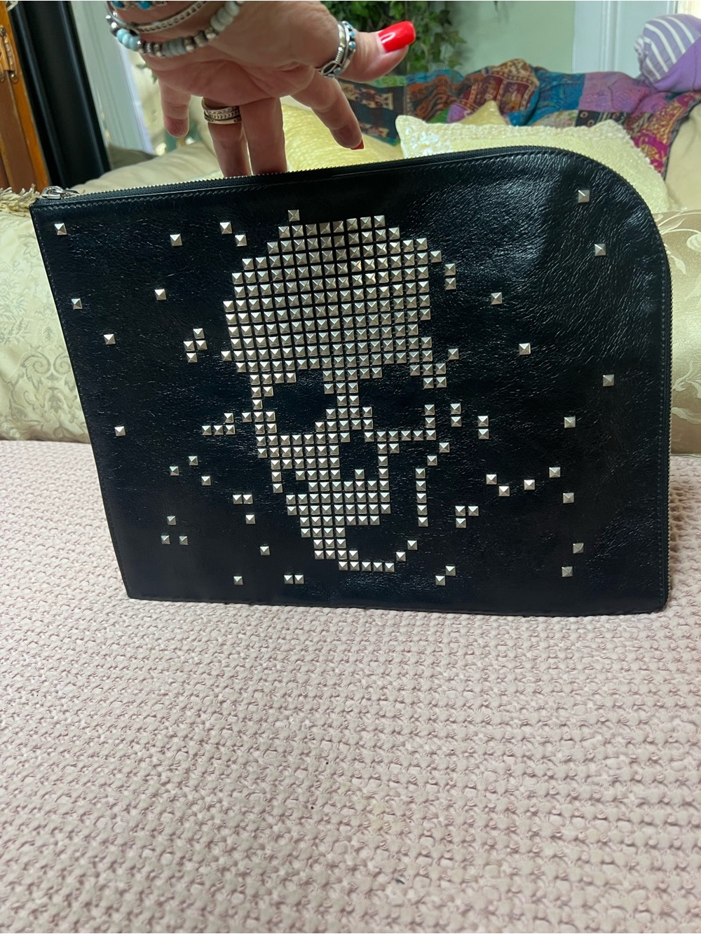 Authentic Alexander McQueen Black Studded Leather Oversized Clutch Pouch